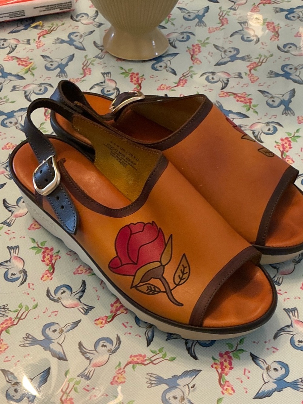 Women’s Tan Leather Slingback Sandals with Rose Accent